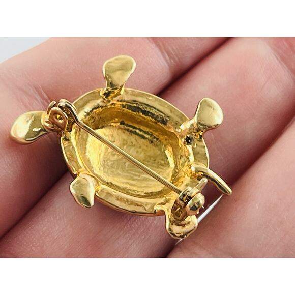 Vintage Turtle Pin Brooch Rhinestones Blue Enamel Shell 1.5" Pave Style Goldtone - Picture 8 of 10